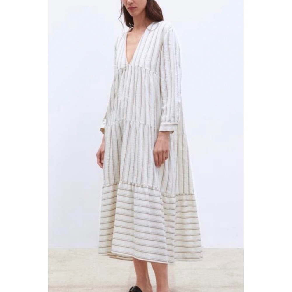 Zara Striped Tiered Midi Dress Womens Small White Brown Excellent V-Neckā Boho